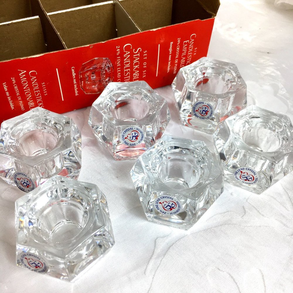 Vintage St George Lead Crystal Stackable Candlestick Holder 6 pc Set New In Box